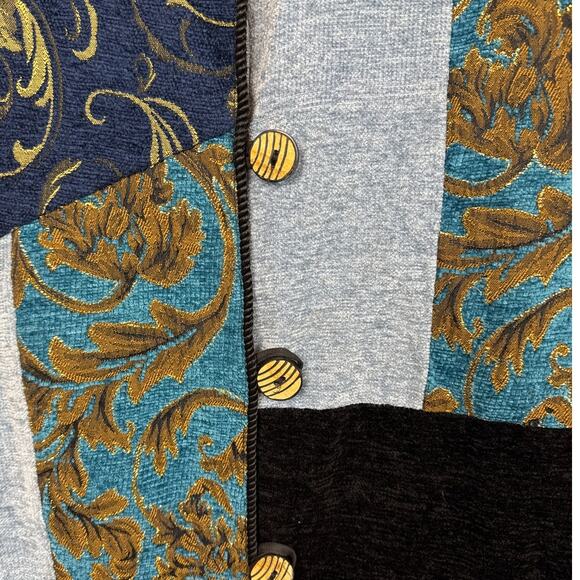 Vintage Tapestry Jacket Patchwork Wood Button Blue Jewel Tones SZM Indigo Moon - Picture 4 of 9